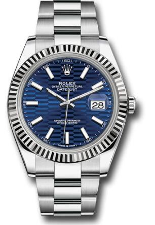 Replica Rolex White Rolesor Datejust 41 Watch 126334 Fluted Bezel Bright Blue Fluted Motif Index Dial Oyster Bracelet